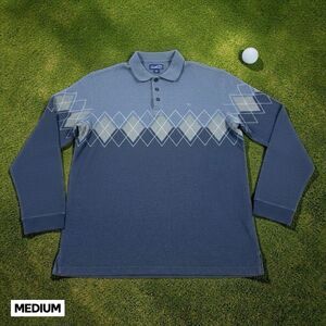 Arnold Palmer Golf Polo Sweater Mens MEDIUM Black Gray Argyle 1/4 Button